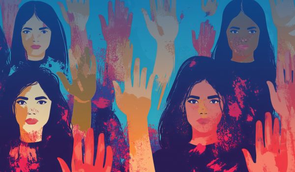 disegno di donne con il braccio alzato e la mano aperta per intendere stop